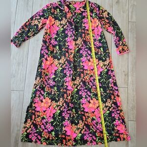 Vintage 1970s ?? Black Floral House Dress - Bright Psychedelic Flower Nylon